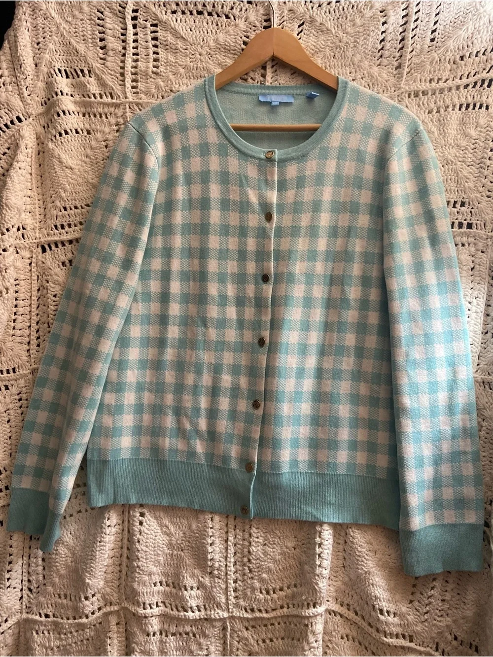 Draper James ❤️ RSVP Aqua Gingham Knit Cardigan Sweater XXL